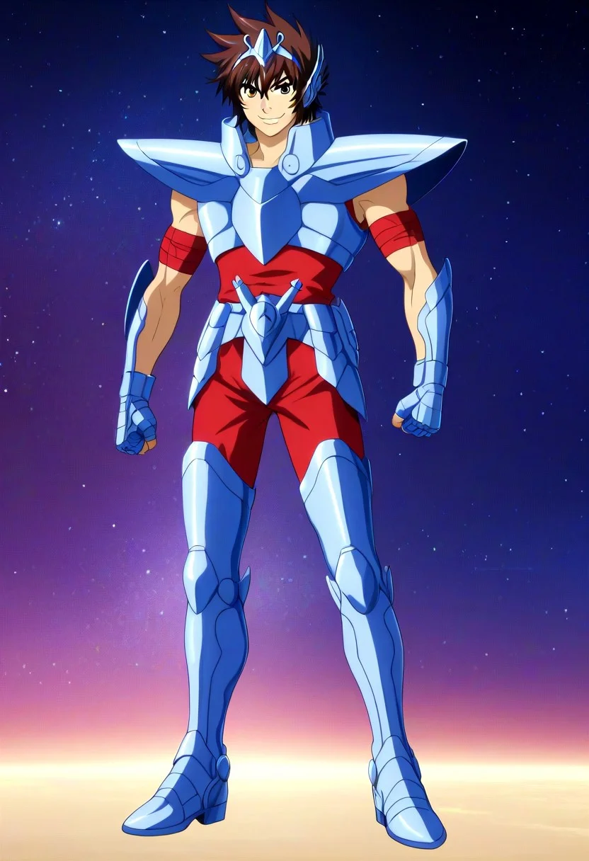((masterpiece)), ((best quality)), ((ultra-detailed)), ((absurdres)), score_9_up, score_8_up, score_7_up,
HD, top quality, best quality, amazing quality, High-quality illustrations, anime screencap, source_anime, best aesthetic, perfect proportions, perfect eyes, 1boy, 1male, solo boy, solo male, male focus, solo male focus, Anime, boy, male anime character, anime boy, handsome, cute, charming, sexy, good-looking, ((lean body, toned body, fit body, muscular body, slim waist, small waist)), Pegasus Tenma, brown hair, brown eyes, sleeveless red bodysuit, red armbands, headpiece, Saint Seiya armor, silver-blue armor, ((full body shot, head to feet shot)), ((smile)), ((galaxy, outer space, beautiful awesome stars)), easynegative, updn, Expressiveh, masterpiece, best quality, very aesthetic, absurdres