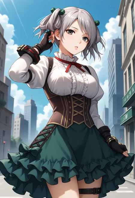score_9, score_7_up, source_anime, 1girl, cowboy shot, looking at viewer, parted lips, adjusting hair, <lora:CielGE-pdxl:1> defCiel, grey hair, short twintails, green hair ribbon, grey eyes, red neck ribbon, white shirt, medium breasts, center frills, juliet sleeves, black gloves, fingerless gloves, black bracelet, corset, underbust, green skirt, frilled skirt, thigh strap, city, day, cloud