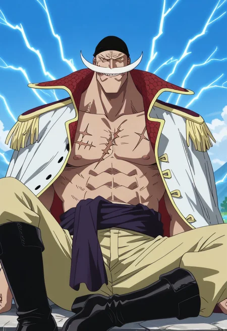 score_9, score_8_up, score_7_up, source_anime, rating_safe, Whitebeard_electricity, lightning, white_Whitebeard_facial hair, smile, black_Whitebeard_head bandana, yellow_Whitebeard_eyes, WhitebeardOP, 1boy, male focus, anime screencap, white-yellow-red_Whitebeard_jacket on shoulders, yellow_Whitebeard_epaulettes, Whitebeard_scar on chest, dark purple_Whitebeard_cloth belt, light yellow_Whitebeard_pants, sitting, black_Whitebeard_boots,