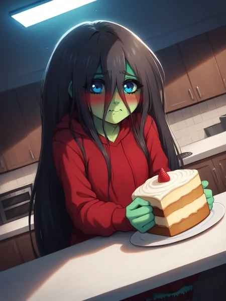 core_9, score_8, score_7,1girl,samarawaifu, skirt,stockings, green skin, red hoodies, surprised face,blue eyes, look at viewer,dynamic angle,night, close up,eating cake, focus on female, kitchen background, black hair,very long hair,blush, table,upper body, <lora:add-detail-xl:1>, <lora:HandFixer_pdxl_Incrs_v1:0.5>, <lora:Samara_character:1>, Photorealistic, Hyperrealistic, Hyperdetailed, analog style, soft lighting, subsurface scattering, realistic, heavy shadow, masterpiece, best quality, ultra realistic, 8k, golden ratio, Intricate, High Detail, film photography, soft focus