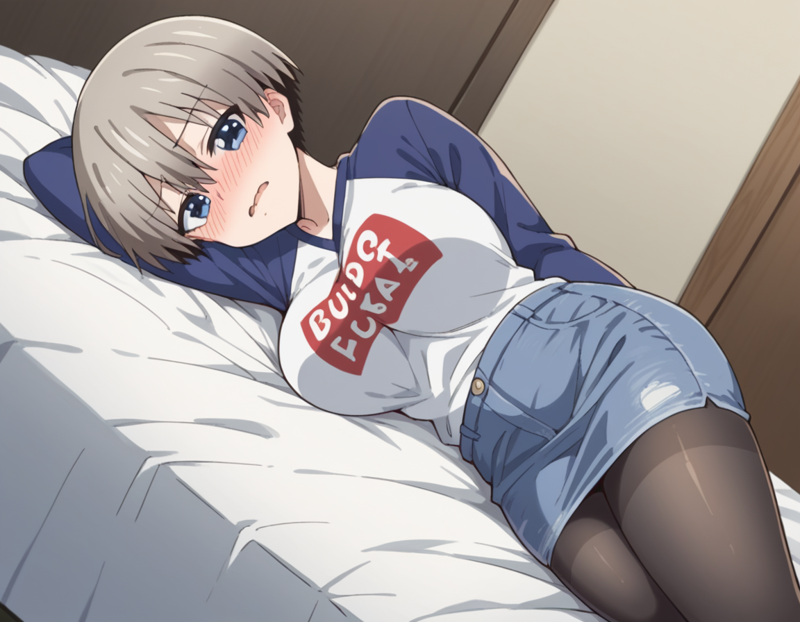 score_9, score_8_up, score_7_up, source_anime,
hanauzaki, <lora:hana-uzaki-s1-ponyxl-lora-nochekaiser:0.8>,
hana uzaki, short hair, blue eyes, large breasts, grey hair,
skirt, shirt, pantyhose, black pantyhose, denim, clothes writing, raglan sleeves, denim skirt, romaji text,
indoors, bed, bed room, on side, blush, drunk,
looking at viewer, cowboy shot, solo, dutch angle,
