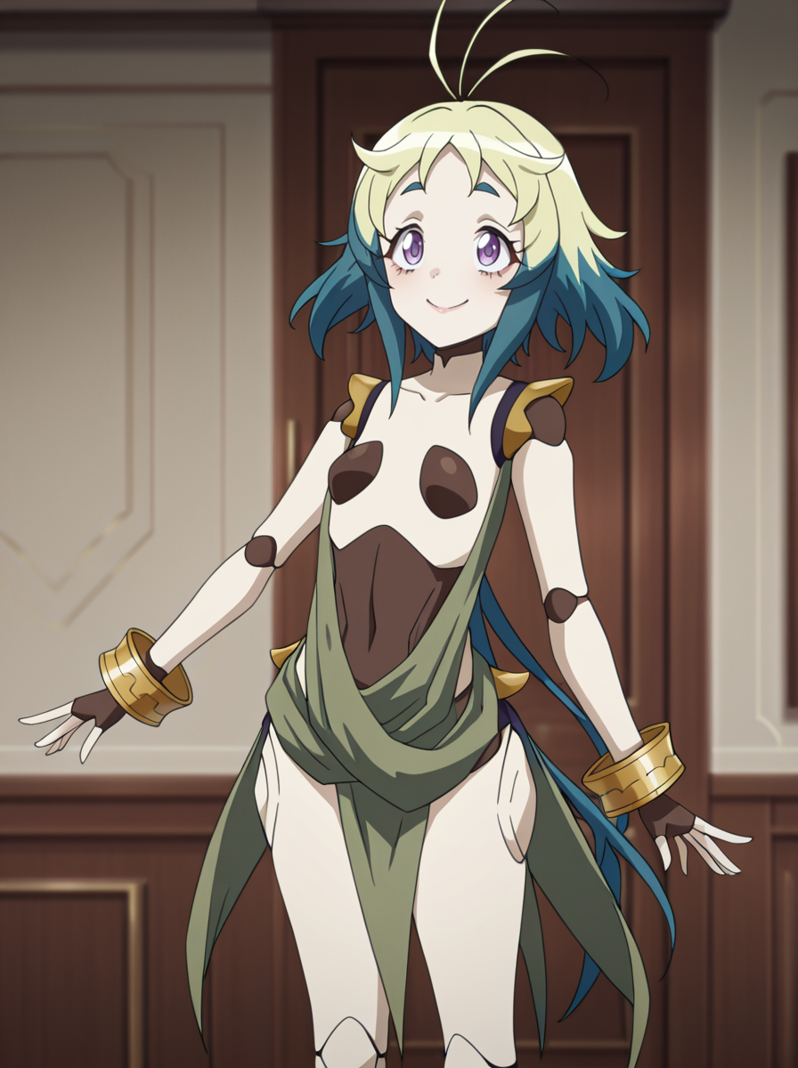 masterpiece, best quality, amazing quality, very aesthetic, absurdres, newest, anime screenshot,  anime coloring,   <lora:tikiSymphogear:1>tikisympho, 1girl, solo, multicolored hair, antenna hair, joints, doll joints, smile, purple eyes standing,  happy,