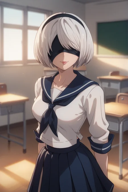 score_9, score_8_up, score_7_up, score_6_up, score_5_up, score_4_up, BREAK source_anime, 1girl, solo,
<lora:2BXL-v2-07:0.8>, Chopio2B, short hair, white hair, bob cut, black hairband, mole under mouth, blindfold, covered eyes, looking at viewer,
medium breasts, pink lips,
white serafuku, blue sailor collar, white shirt, blue neckerchief, blue skirt, pleated skirt,
classroom, standing, smile, seductive pose,