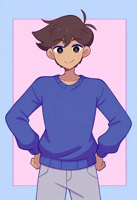 masterpiece, best quality, highres, amaruu, pastel colors, BREAK, hero /(omori/) 1boy, solo, dark-skinned male, black eyes, white pupils, brown hair, short hair, blue sweater, grey pants, looking at viewer, smile, hands on hips, standing, cowboy shot