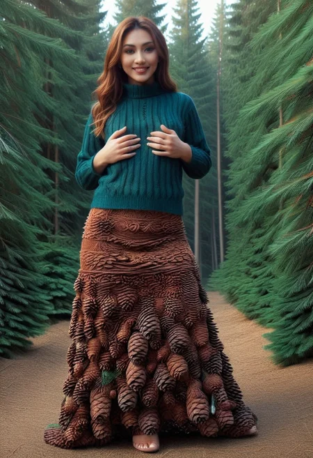dawn, dark pine forest, colorful dress, perfect picture, (anatomically correct:1.6), score_9, score_8_up, score_7_up, score_6_up, score_5_up, score_4_up, UHD, 8K, masterpiece, detailed, ultra_high_resolution, lots of detail, OverallDetailXL, detailxl, Sci-fi Environments, epiCPhotoGasm-colorfulPhoto. style-empire, colorful style, 1woman, curvy, narrow waist, full lips, (red lips), flowing hair, (natural eyes:1.3), full smile, mature female, milf, motherly. 32 years old, fir needles, fir needle style, fir needle, (long skirt made out of fir needles:1.5), (long skirt:2.2), (fully dressed:2), (covered body:1.8), (fully covered breasts:1.5), high neck closure, add-detail-xl, short puffy sleeves, Cambodian woman, long hair, light brown hair, small waist, wide hips, high cheekbones, golden glow, (Auntie Flatts:1.12), (sweater made out of pine cones:2.7).
