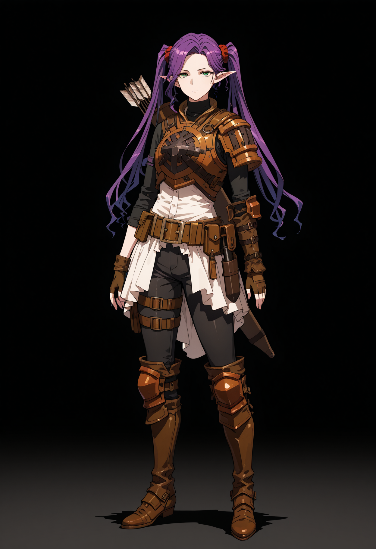 masterpiece, best quality, highly detailed, ultra-realistic, score_9, score_8_up, score_7_up, score_6_up,
1woman, solo, sporty female, mature girl, big woman, warrior women,  Imina, slim, elf, twintails, long face, nice skin, long hair, purple hair, green eyes, looking at viewer,
aesthetic, pauldron, light armor, brown leather armor, fingerless gloves, circle breastplate, quiver, black turtleneck, red scrunchies, belt, pouch, black pants, armored knee pads, boots, hip belts, classy, elegant, stylish,
tall woman, nice hips, detailed eyes, detailed face, empty hands, (full body),
fit, toned, stands proudly, outdoors, (black background:1.2), <lora:Imina_Overlord:1.5>