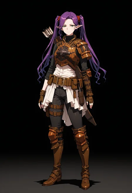 masterpiece, best quality, highly detailed, ultra-realistic, score_9, score_8_up, score_7_up, score_6_up,
1woman, solo, sporty female, mature girl, big woman, warrior women, Imina, slim, elf, twintails, long face, nice skin, long hair, purple hair, green eyes, looking at viewer,
aesthetic, pauldron, light armor, brown leather armor, fingerless gloves, circle breastplate, quiver, black turtleneck, red scrunchies, belt, pouch, black pants, armored knee pads, boots, hip belts, classy, elegant, stylish,
tall woman, nice hips, detailed eyes, detailed face, empty hands, (full body),
fit, toned, stands proudly, outdoors, (black background:1.2), <lora:Imina_Overlord:1.5>