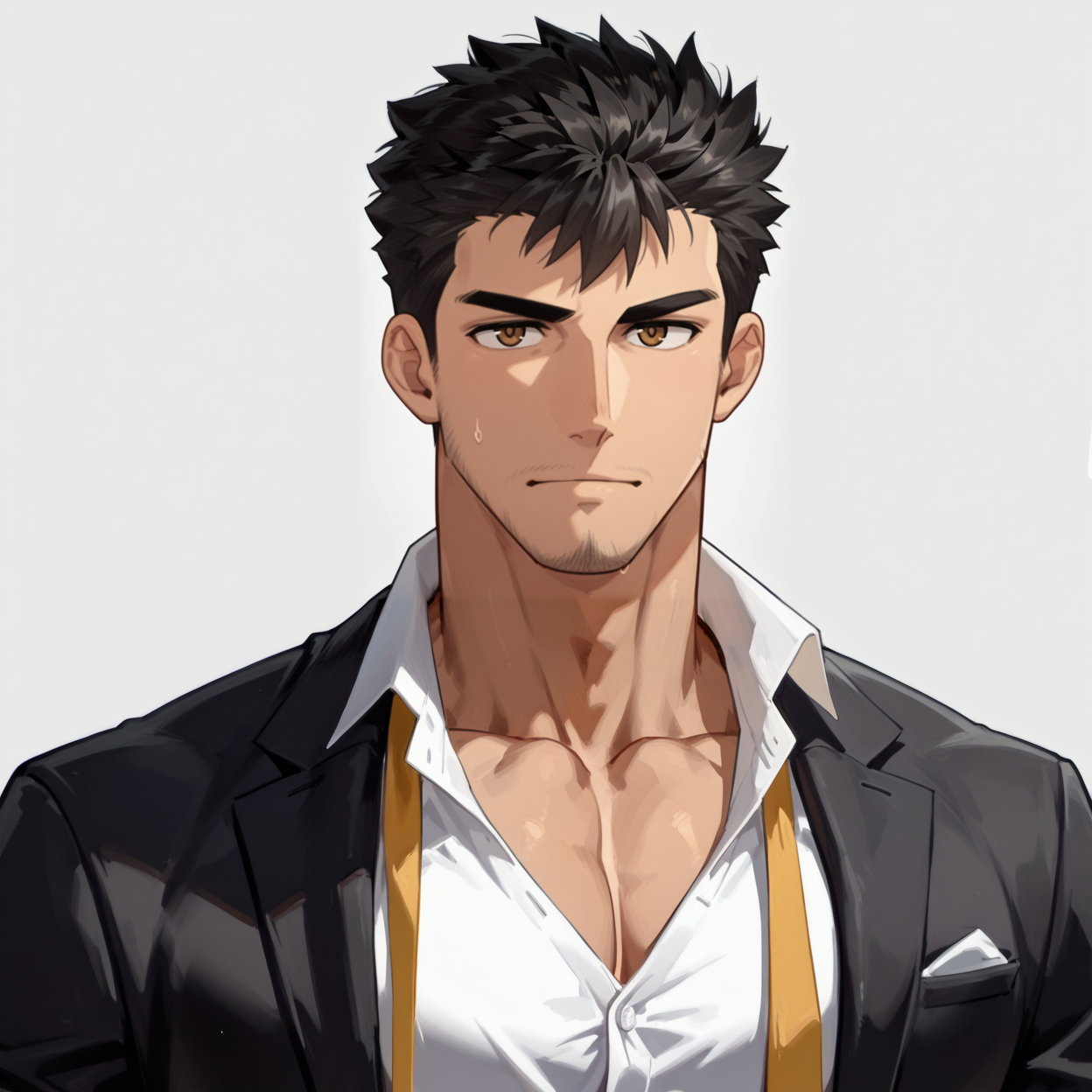 <lora:Rald__Full_Service:.65>, Rald, black hair, black suit, white shirt, open clothing, yellow necktie, undone necktie,
(very short hair, beard, bara, mature, facial hair, stubble, beard, full beard, sideburn, beard, a lot of beard, ), facial hair,male focus, muscular male, muscular male, bara, mature,  bara, mature, aixiwuganda_(20222192), very awa, masterpiece, best quality, absurdres, newest, perfect quality, detailed background, intricate details,
<lora:slider_Body Type_alpha1.0_rank4_noxattn_last:3><lora:style_Anime Summer Days 2 Style SDXL_LoRA_Pony Diffusion V6 XL:.6><lora:slider_cfg_scale_boost:.7><lora:Artist6p:.55>, Artist6p, Artist04p,<lora:slider_il_brightness_slider_d1:-1><lora:slider_il_contrast_slider_d1:-1><lora:slider_DarkSlider1.2_alpha1.0_rank16_full_300steps:-.6>
