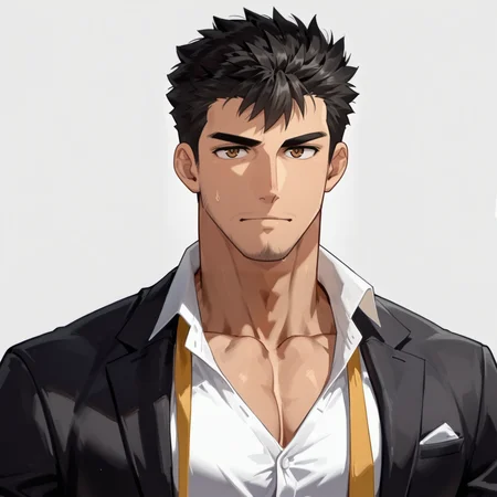 <lora:Rald__Full_Service:.65>, Rald, black hair, black suit, white shirt, open clothing, yellow necktie, undone necktie,
(very short hair, beard, bara, mature, facial hair, stubble, beard, full beard, sideburn, beard, a lot of beard, ), facial hair,male focus, muscular male, muscular male, bara, mature,  bara, mature, aixiwuganda_(20222192), very awa, masterpiece, best quality, absurdres, newest, perfect quality, detailed background, intricate details,
<lora:slider_Body Type_alpha1.0_rank4_noxattn_last:3><lora:style_Anime Summer Days 2 Style SDXL_LoRA_Pony Diffusion V6 XL:.6><lora:slider_cfg_scale_boost:.7><lora:Artist6p:.55>, Artist6p, Artist04p,<lora:slider_il_brightness_slider_d1:-1><lora:slider_il_contrast_slider_d1:-1><lora:slider_DarkSlider1.2_alpha1.0_rank16_full_300steps:-.6>