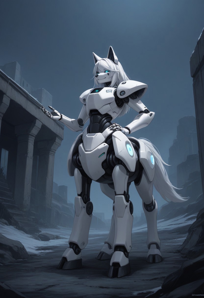 score_9,score_8_up,score_7_up,score_6_up,score_5_up,score_4_up, BREAK Husky, robot, centaur, solo, smile, industrial ruins, night, hooves, white horse tail, Robot girl, Mecha, Android, mechanical limbs, robot joints, white metal skin, black sclera, no mouth, armor, glowing eyes, furry, white hair, swept bangs, dog head, dog ears, dog nose, hand on hip, snow