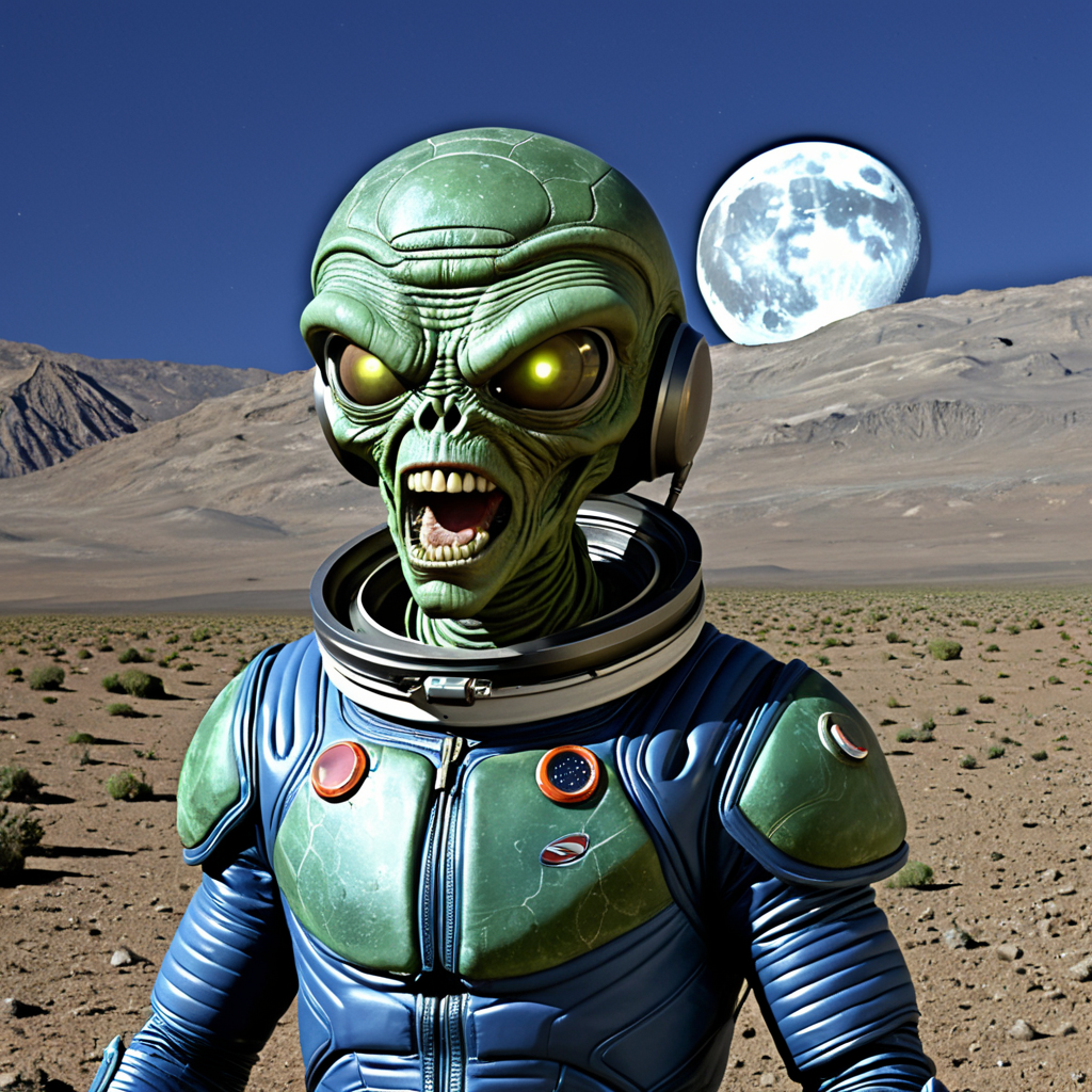 sfw, masterpiece, best quality,absurderes, <lora:AnirealismXL:0.9>,anireal, no humans,alien,martian,space-suit,moon,outer space,flying saucer,yelling,antenna,green skin,teeth