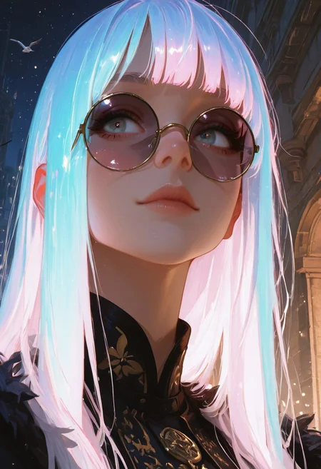 score_9, score_8_up, score_7_up, score_6_up, score_5_up, score_4_up, Cinematic Lighting, Volumetric Lighting, Bloom, Post Processing, Perfest Anatomy, Extermy Ely Detailed Eyes and Face, Perfect Eyes.8K,
1girl, ((Solo,))
Birch eyes. Bright hair, straight long hair, glowing hair, high parallel bangs, seagull wing, big eyes, thin lips, many curved thin eyebrows. Neat nose.
-- clothes -- Black sunglasses, big round glasses.
BREAK
Focus on the face, the girl stands half-sideways to the viewer, her head is slightly turned to the side, looking at the foggy night city, a lonely tear runs down her face.
Stars, space are reflected in the glasses. Mysterious atmosphere, guest picture.
Focus on the face. close-up,
(realistic style photo)(realistic:1.2)
dynamic lighting, warm lighting, dreamy lighting, realistic volumetric lighting
<lora:DandonFuga_Style_v.2_-_Pony:0.65>