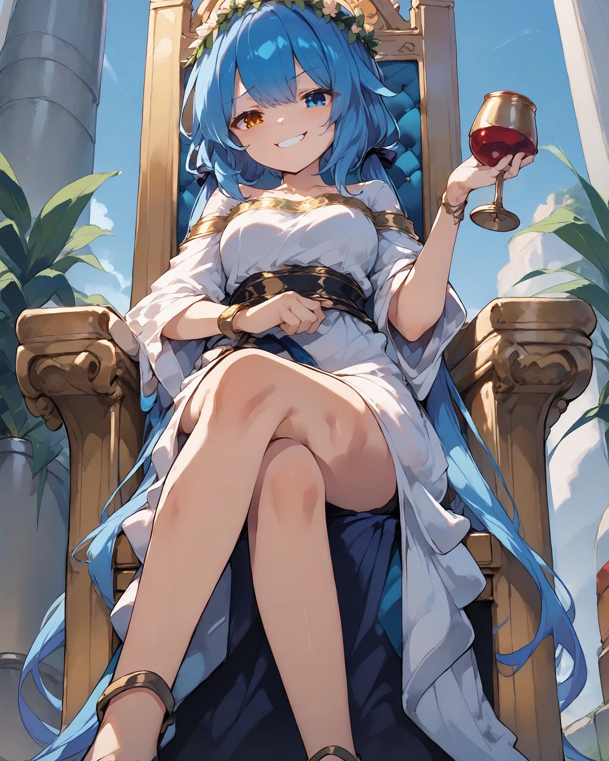 <lora:[PonyXL] SPP-1 v0.5 (SomeSloppyBoi):0.8>, 1girl, solo, SPP1, long hair, blue hair, low twintails, gradient hair, blue eyes, heterochromia, gold eye, <lora:Fantasy_toga_PonyXL:1>, plain white toga, gold wreath, sitting on throne, (crossing legs), [holding wine glass], smug grin, pov from below,