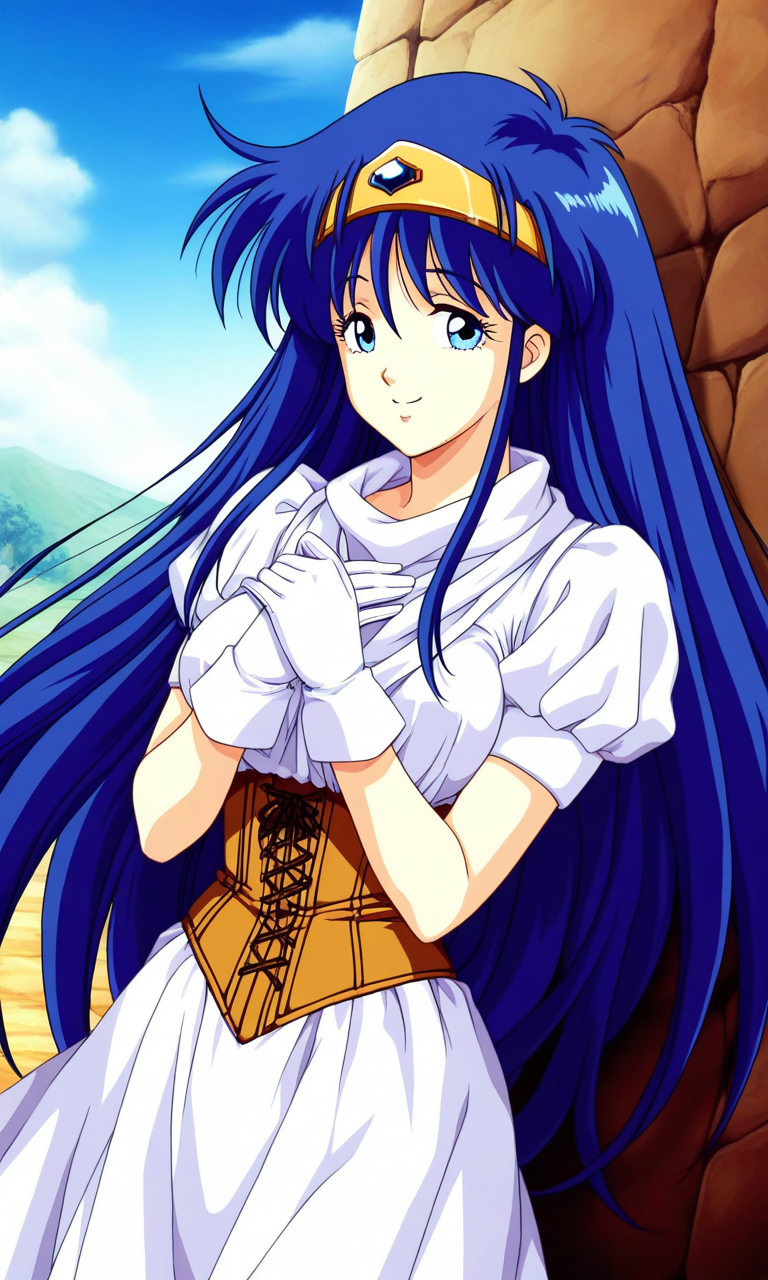 general,highres, ultra-detailed,very aesthetic,best quality ,best hands, BREAK <lora:Irene_La_Tias_XEXEX_IS:0.8> 2010s (style), 
Irene_La_Tias(XEXEX), 1girl, solo, very long hair, blue hair, blue eyes, tiara, large breasts, circlet, bangs,
smile,looking at viewer, cowboy_Shot,
white dress, white gloves, brown corset,
blue sky, game cg style,