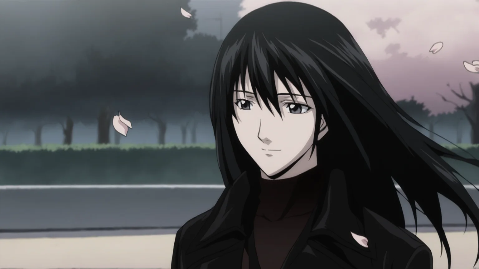 death_note_style, anime screencap, anime coloring, masterpiece, best quality,amazing quality, cinematic lighting, naomi misora,  1girl,  solo, black hair, long hair, grey eyes, black coat, slight smile, outdoors, blossom, cherry blossom, trees, wind, petals <lora:death_note_style:1>