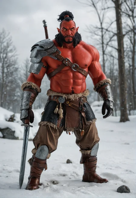 <lora:axe_v4:0.8> axe_v4
1boy,
colored skin, red skin,
black hair,
facial hair, beard,
muscular, muscular male,pectorals,
yellow eyes,
pointy ears,
bare top, shoulder armor, boots, gloves,, score_9, score_8_up, score_7_up, score_6_up, derpibooru_p_95,
detailed eyes, beautiful, detailed background, perfect eyes,
blur censor, blurry, blurry background, blurry foreground, bokeh, motion blur,
chromatic aberration, depth of field, figure, focused, focus
photography, realistic sun light and shadows, photorealism, UHD --ar 9:16 --style raw --stylize 700,
solo,
winter, A group of Viking warriors is battling a LoRa . The warriors, dressed in fur and leather, are attacking the giant with swords and axes. more giants looming in the distance.the background is filled with ice and snow,, The scene is dynamic and filled with motion,