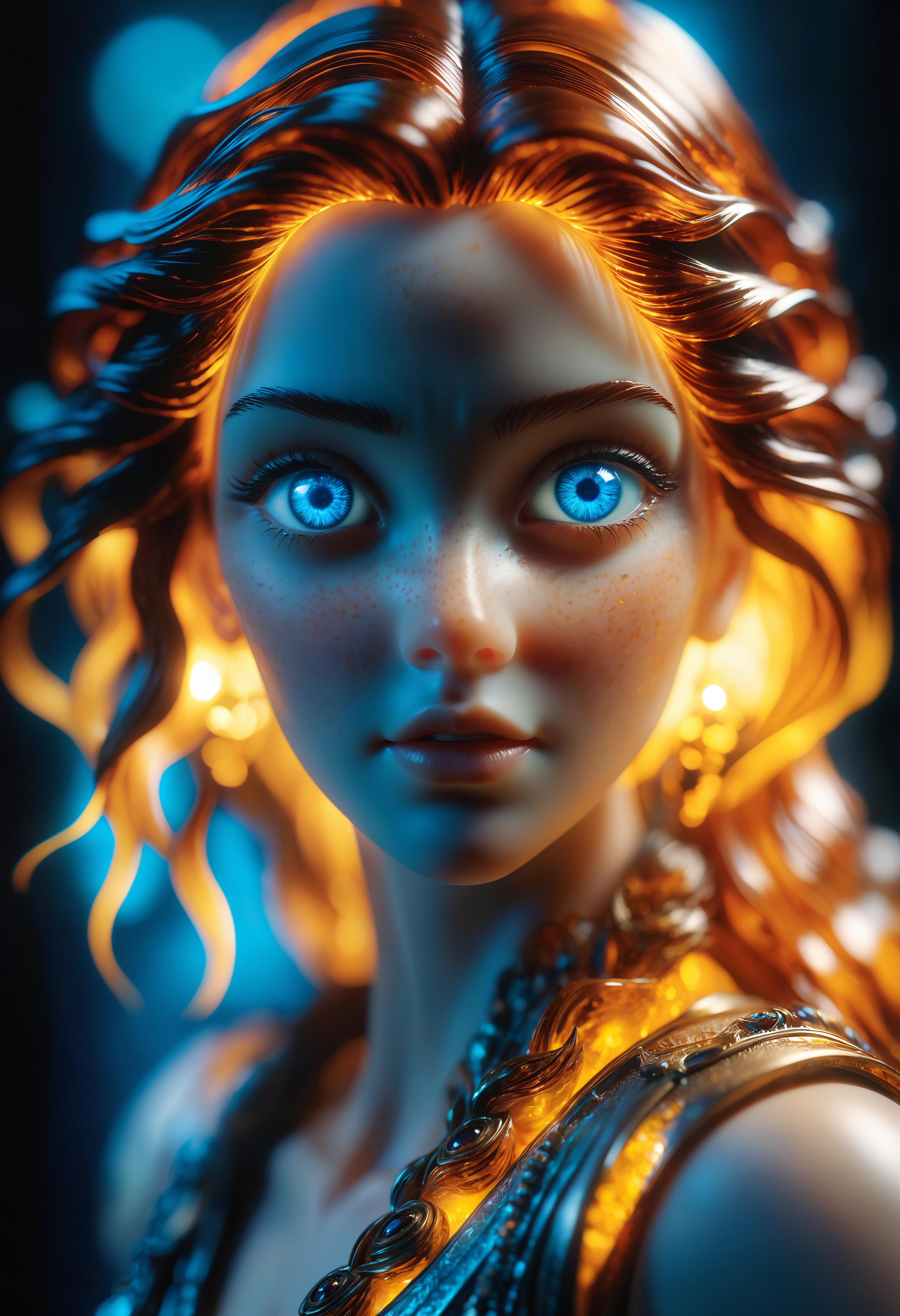 A resin figurine of a beautiful woman and her eyes glowing with the power that surrounds them, rendered in ultra-realistic. The character's hair is intricate as it flows gently between two different strands by casting an eerie light on their face below at <lora:Wizz:0.69>, 2000s vintage RAW photo, photorealistic, film grain, candid camera, color graded cinematic, eye catchlights, atmospheric lighting, natural, shallow dof, High level of detail to create a photographic-like image, focusing on lighting, realistic textures, hyperdetailed.