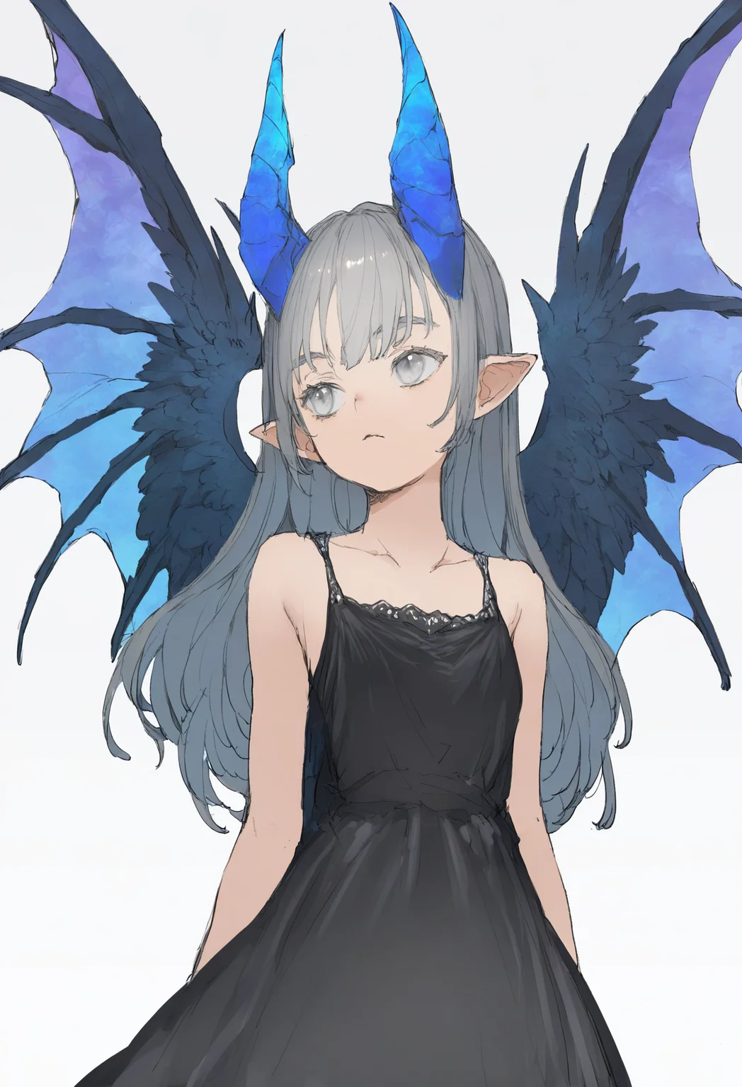 horns, 1girl, white background, simple background, long hair, pointy ears, wings, solo, grey eyes, grey hair, upper body, blue horns, dress
,masterpiece,best quality,very aesthetic,absurdres,
<lora:åºæ°´fornoob:0.95>
