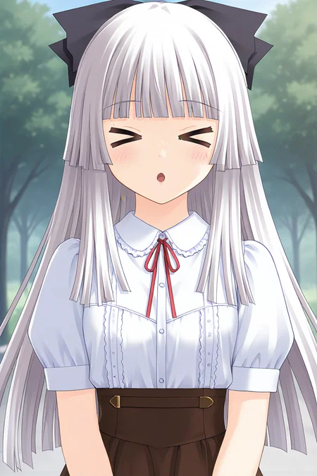 masterpiece, best quality, absurdres, official art, official style, rating general BREAK <lora:rokujoumiyaho_IL_v1:0.7>, rokujou miyaho, 1girl, solo, blue eyes, grey hair, very long hair, blunt bangs, hime cut, straight hair, blunt ends, sidelocks, hair bow, black bow, small breasts,
casual, dress shirt, blouse, red ribbon, neck ribbon, white shirt, wing collar, collared shirt, frilled shirt, frilled shirt collar, center frills, buttons, puffy short sleeves, frilled sleeves, brown skirt, close-up, portrait, outdoors,
closed eyes, open mouth, > <, d:, facing viewer, :o, blush, painful expression