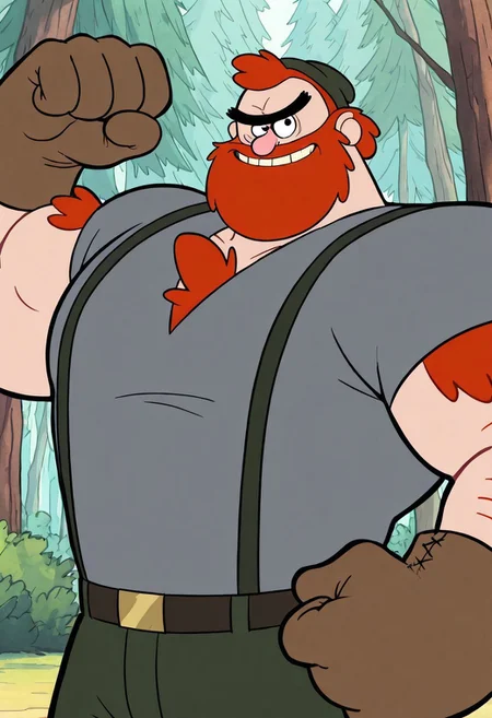 , safe_pos, solo, masterpiece, detailed, uwa, huge filesize, ultra hd, best quality, male focus, (absurdres, highres),
1boy, official art, bright, ManlyDan, red hair, beard, unibrow, arm hair, chest hair, beanie, grey shirt, green pants, upper body, belt, suspenders, brown gloves, flexing, nature, pupils, black pupils, smile, wink