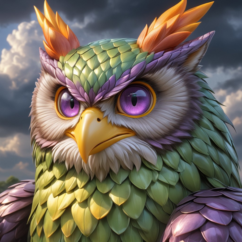 Shiny scaleboundsdxl,Up in the sky, cloudy, purple body, cover dark clouds scales, owl, ears, orange tips on head orange tips on butt, light yellow beak, light purple eyes, light green sclera, colored sclera, light yellow talons,solo,female1,happy, ( detail realistic), beautiful detail, high-quality, face close up,