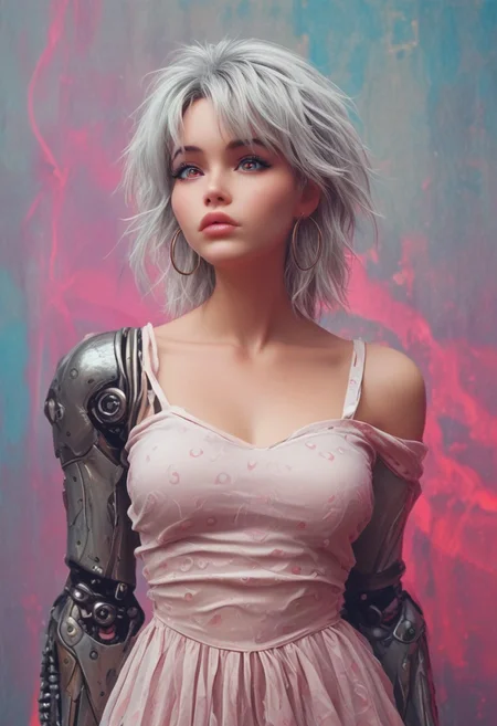 score_7_up, (score_9:1.1),
BREAK,
(ugly:0.6),(pretty:1.2), 1woman, 26yo, realistic, realism, hyper realistic, reflective shiny silver hair, red iris,(glowing iris:0.8), neon white pupils, looking at viewer, hair in big pony tail, very long pony tail, (hair over eyes:0.6), detailed, perfect, perfection, hands,
BREAK,
((glossy lips, shiny skin)), full lips, hands behind back, (upper body:1.9), blocky shape cybernetics, metallic skin, raised eyebrow, cybernetic girl, pale skin, ((medium teardrop breasts)), (hoop earrings:1.2), (abs:0.6), focus upper body,
BREAK,
semi-metallic outfit, oversized polka-dot-print shirt, off shoulders, spotted long skirt,
BREAK,
(neon background, future slums, neon, cybernetic background, mist:1.3),(cybernetic mechanical arm, prosthesis:1.3)