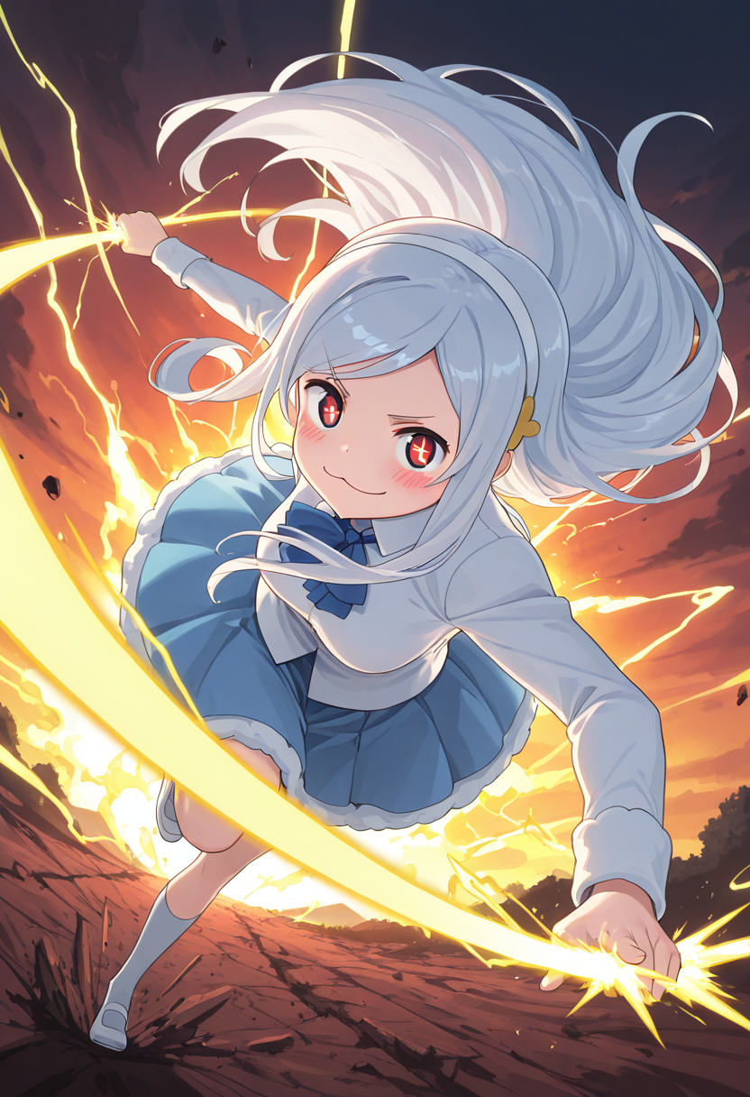 masterpiece, best quality, solo,   zzTachibana, looking at viewer, blush, smile, skirt, dress, hairband, :3  <lora:TachibanaSylphynford_IXL:1.0>,  (dynamic pose, incoming attack, foreshortening:1.2),  golden energy erupting into the sky, entire landscape shaking under his presence, long white hair flowing upward from the energy surge, golden lightning bolts striking the ground, deep red eyes glowing with unstoppable power, apocalyptic skies above, cinematic lighting effects