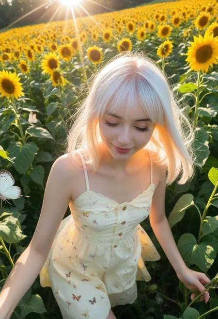 RSGRL, Russian female, Cute face, amateur, candid, masterpiece, best quality, amazing quality, very aesthetic, realistic, sunlight, light, shadow, close up, 1girl, solo sexy woman, white hair, bangs, eyeliner, perfect face, elegant, refined, small breasts, colorful sundress, shy smile, dynamic pose, outdoors, nature, blooming, sunflower, wind, spring, beautiful lighting, warm sunshine, hime-cut, butterflies, looking up in sun, enjoying sunlight, very awa, masterpiece, highres, absurdres
