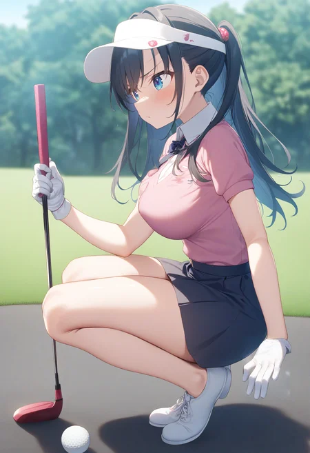 1girl,sincos, ningen mame, toosaka asagi,solo,large breasts,20yo,
golf,golf club,gloves,shirt,skirt,visor cap,outdoors,day,<lora:golf_XL_v1:0.8>
from side, full body, looking ahead, blue hair, white eyes,serious, closed mouth, shiny hair,,
best quality, very aesthetic, absurdres