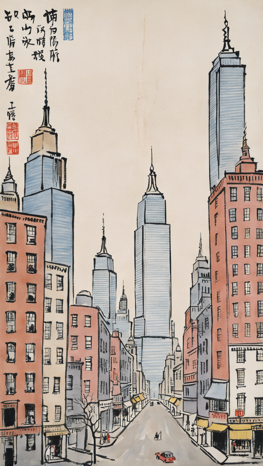 city view of new york, manhattan, by Feng Zikai <lora:fengzikai_v1.0_XL:1>