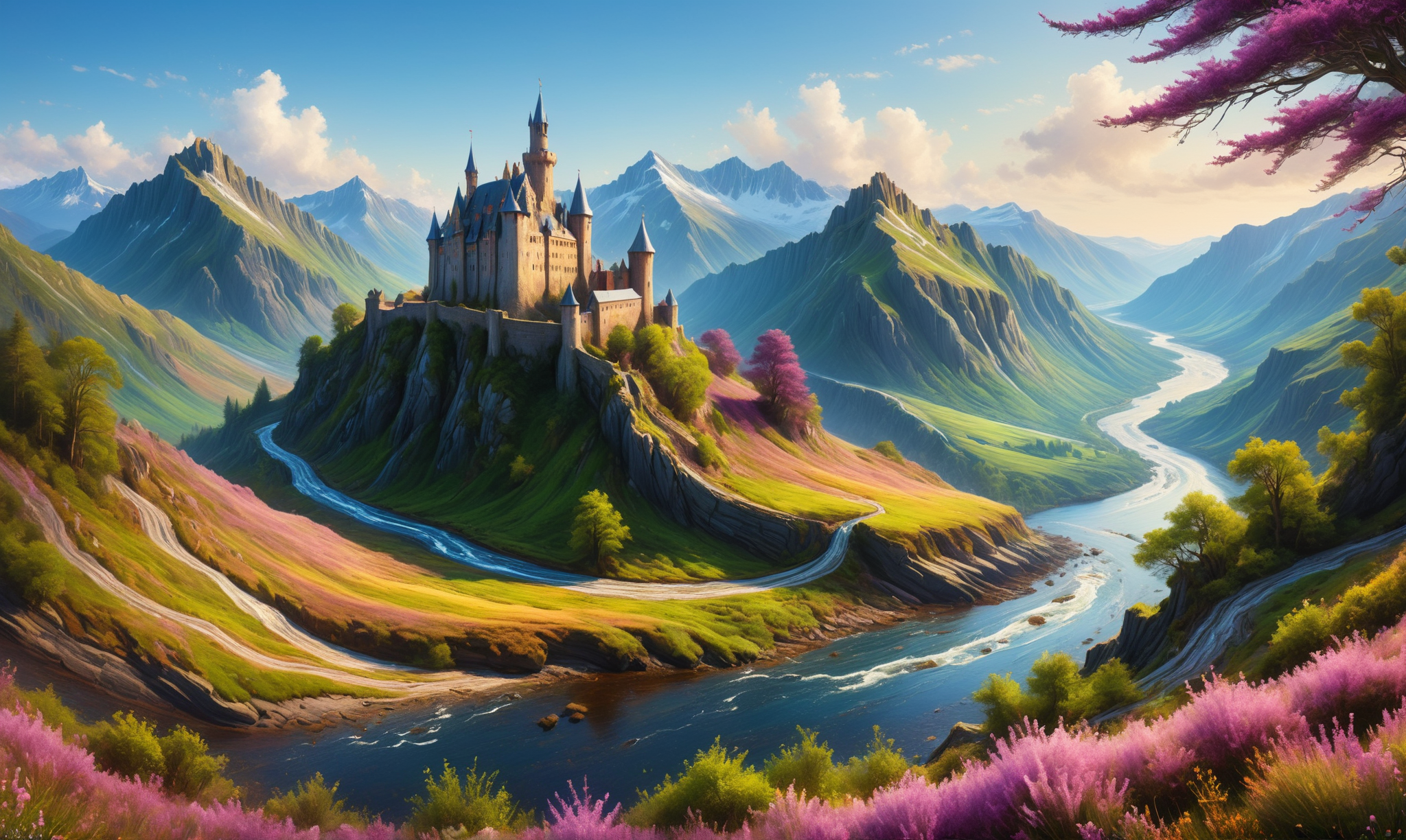 best quality, superrealism, A medieval castle perched atop a craggy cliff, overlooking a valley blanketed in heather, with a meandering river winding through the enchanting landscape, strybk style, clear focus, <lora:xl_more_art-full_v1:0.3>, holography, <lora:Rainbow_Style:0.6>