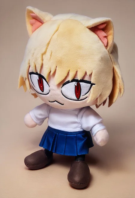 score_9, score_8_up, score_7_up,((plushify, chibi, character stuffed toy)),necoarc,blonde hair, red eyes, slit pupils, cat ears, :3, chibi,turtleneck, white shirt, blue skirt, pleated skirt, pantyhose, brown footwear