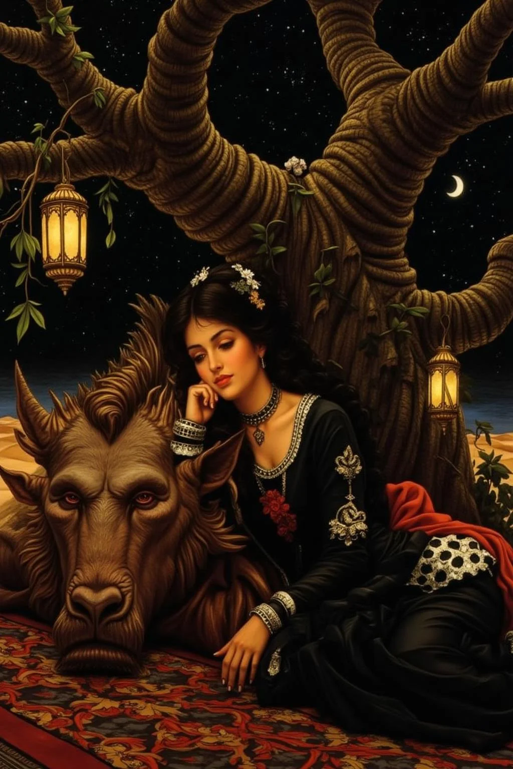 jati1 painting
a scene from Arabian Nights, rendered in intricate, colorful detail. A beautiful woman and a sleeping demon. The woman sits gracefully under a sprawling tree with lush, curving branches and hanging vines. She has striking, almond-shaped eyes, dark flowing hair, and wears elegant traditional attire with ornate jewelry that glimmers softly under the moonlight. Her expression is calm and serene as she gazes thoughtfully into the distance. Resting his head gently on her lap is a large demon with a powerful, otherworldly presence. The demon, though fearsome in size, appears vulnerable as he lies beside her. His skin has a muted, earthy tone, and his features--sharp and beastly--are softened by a look of weary contentment. His claws are retracted, and he exudes a mixture of strength and peace in her presence. The tree's twisted branches arc above them, framing the scene like a natural canopy. Golden lamps hang from the tree, casting warm, soft light, illuminating the two figures in a magical glow. The background is a deep, starry night, with hints of distant desert dunes and a crescent moon overhead, creating an enchanting and mystical ambiance that draws the viewer into this world of fantasy and myth.
<lora:jati1_cap_d6a3:1.0><lora:817332104913237530:0>