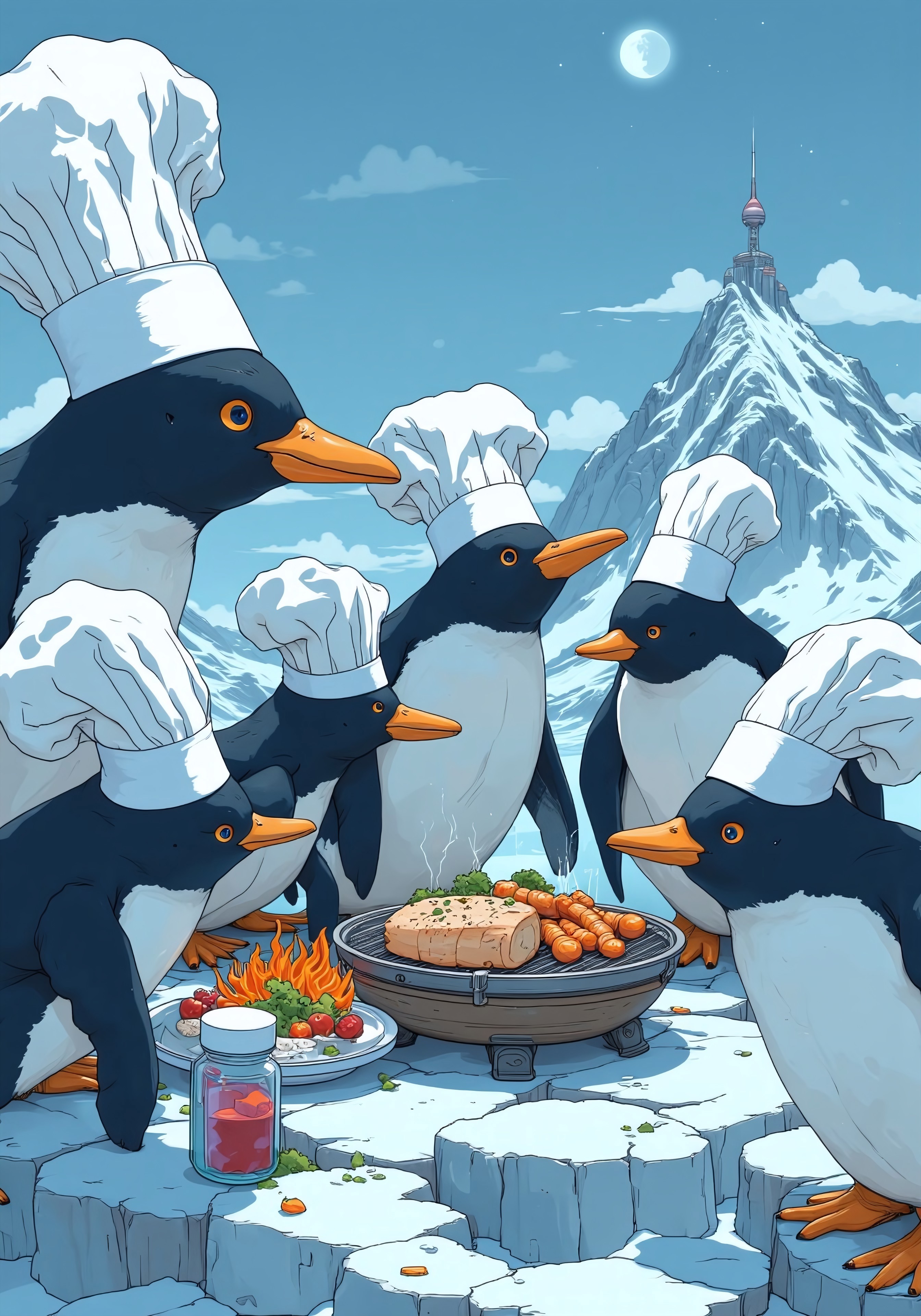  aidmafluxpro1.1, in the style of Jed-clrfl ,A group of penguins having a barbecue on an iceberg, wearing chef hats