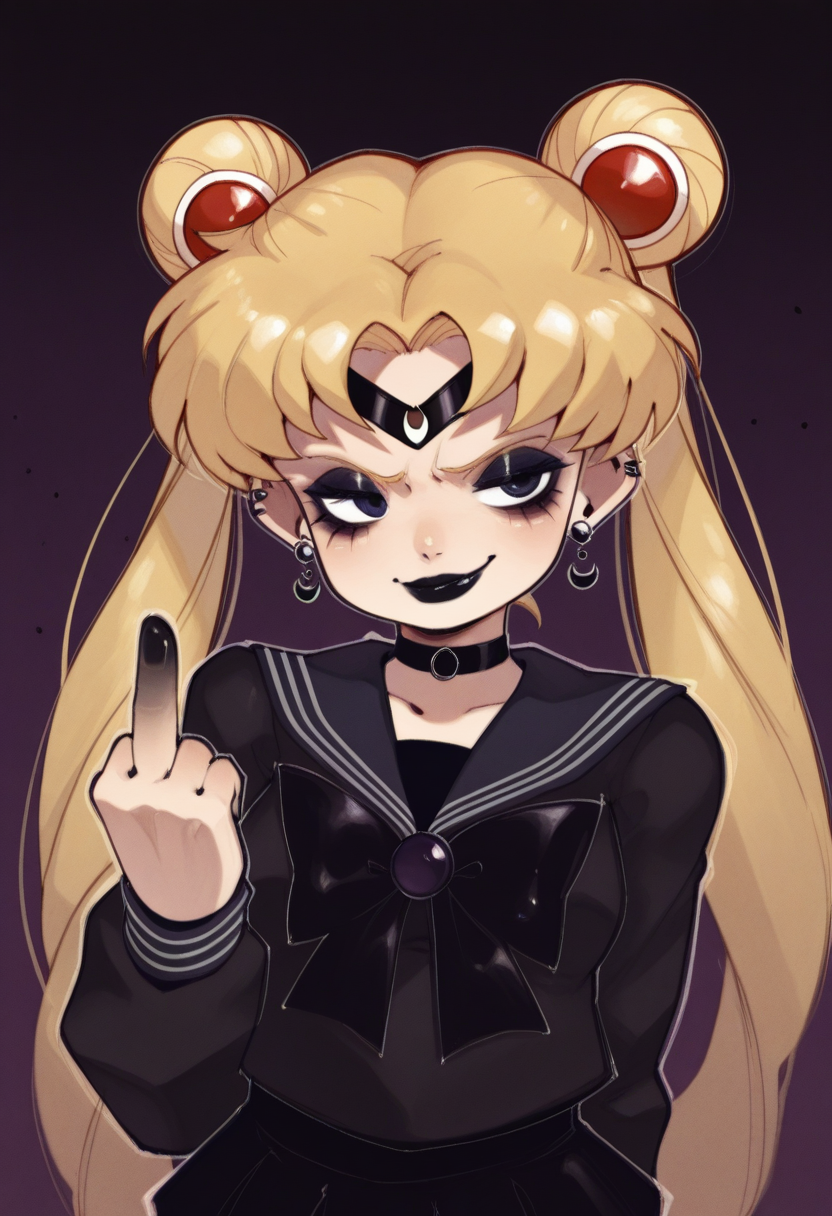 04N1M3R3style, masterpiece, best quality, solo,                                                                                        sailor moon, blonde hair, mascara, smug, middle finger, goth, black lipstick,
