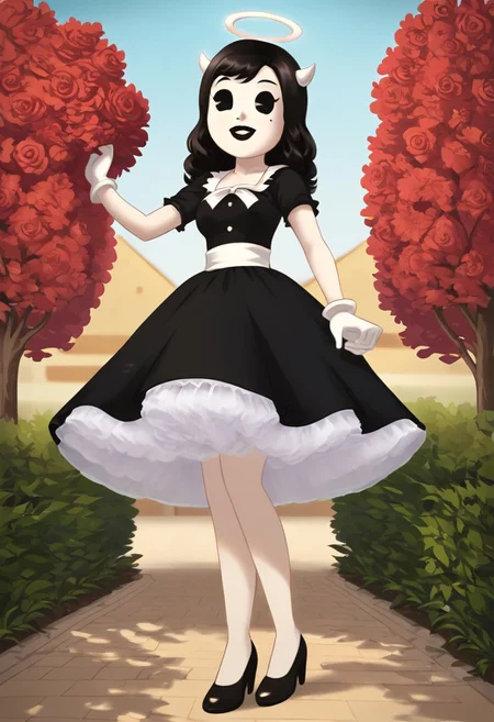 (Masterpiece, best quality:1.2), score_9, score_8_up, flat color, flat shading, soft shading, lighting, Alice Angel in a 1950's dress with a button down top, a fluffy frilly ruffled full petticoat, and high heels, dress, layered petticoat, frilly petticoat, fluffy petticoat, full petticoat, wide dress, flowing dress, long skirt, solid colored skirt, short sleeves, black hair, Bendy and The Ink Machine, series accurate, cute, best high quality, high res, black lips, white colored skin, whole body shot, 1girl, solo, outside, standing straight, in a garden, cute, adorable, smile, low angle shot, cartoon, cartoon style, vector, solo, circle dress, 1950s, alice angel
