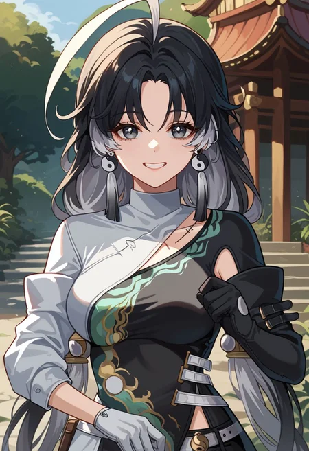 score_9, score_8_up, score_7_up, source_anime, 1girl, jianxindef, grey eyes, black hair, white hair, grey hair, multicolored hair, long hair, low twintails, ahoge, earrings, jewelry, yin yang, tassel, medium breasts, long sleeves, dress, chinese clothes, clothing cutout, white gloves, black gloves, asymmetrical gloves, white belt, black shorts, short shorts, bandages, single thighhigh, standing, smile, grin, looking at viewer, outdoors, portrait, close-up, upper body, facing viewer, <lora:Jianxin_v1-000010:1>