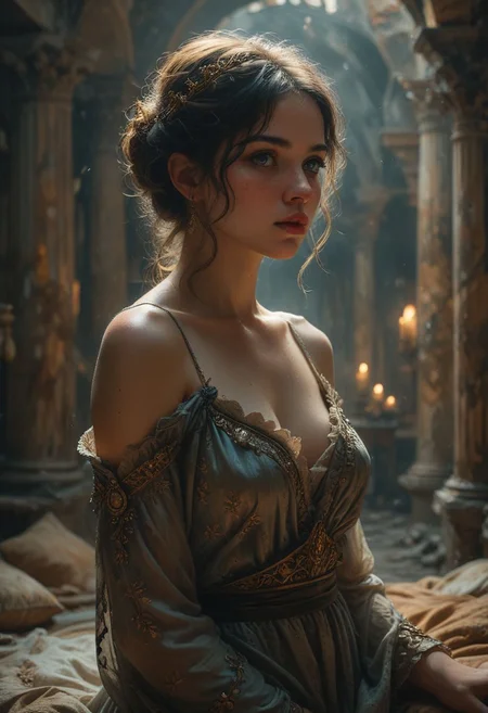 (masterpiece, best quality, high quality, highres, ultra-detailed),  (best quality, 8K, high resolution, extreme detail, outstanding composition:1.4), a low-key digital painting depicting (her dress is draped artfully over her shoulders, revealing her bare arms and a tantalizing glimpse of her cleavage, exposing her collarbone.), The room is detailed, with intricate Roman architecture and subtle hints of luxury and decay. low key portrait, half of face illumated, glimmer in her eye, moody portrait, dust in the air. Wellingtons, full body, oil on canvas