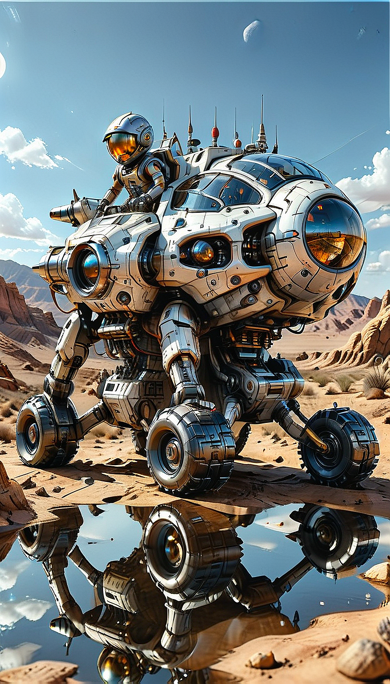 (robot, science fiction, mecha, mountain, 1boy, moon, cloud, sky, ground vehicle, 1other, sun, reflection, spacesuit, outdoors, helmet, spacecraft, motor vehicle, non-humanoid robot, scenery, desert, wheeled vehicle, Walking vehicle, Traction City)
(ultra sharp focus:2), (detailed windows:2), (thin lines:2), (reflections:2), (best quality:1.8),
<lora:Apparatus_-_Traction_City_Walkers_Vehicles:0.8>