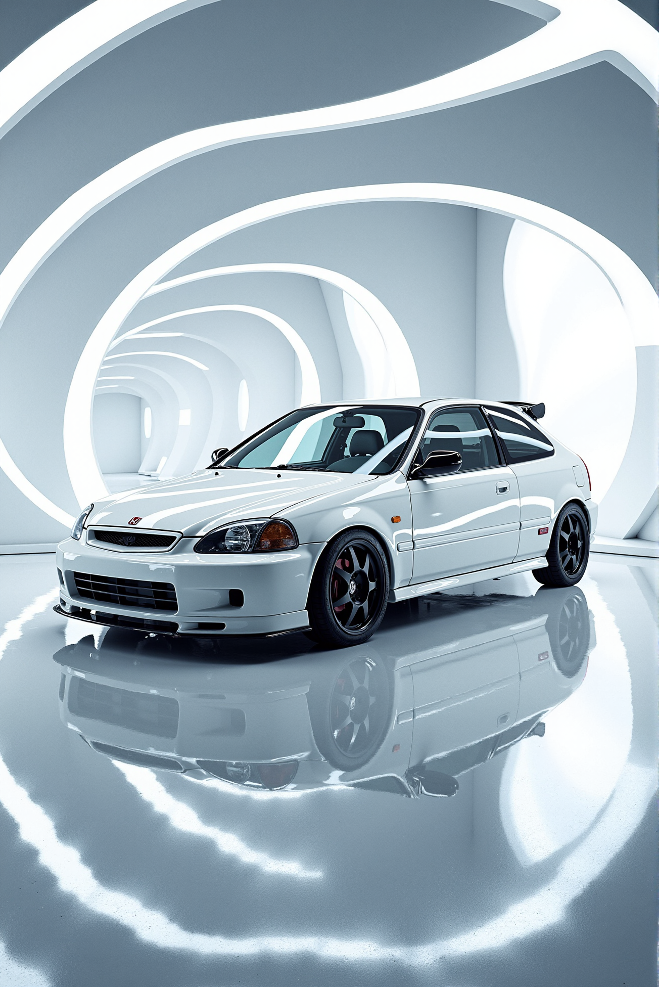 <lora:Honda_Civic_Type-R_EK9:1.0> Honda Civic Type-R EK9. 
The (Honda Civic Type-R EK9 from '90) dominates a chrome-lined turntable surrounded by layered ring lights in a mirrored chamber that distorts space and depth like an optical illusion. Flooded with diffused platinum-white studio lighting from multiple sources, the carâs sculptural facets catch and bend light with calculated precisionâevery vent, crease, and badge rendered in hyperreal sheen. Captured from a mid-height, side-profile angle with shallow depth of field and ultracrisp resolution, the image radiates sterile perfection and luxury-tech ambiance. The color palette revolves around cool metallics and pearl whites, with refracted highlights gliding across the hood and spoiler, evoking a product launch aesthetic fused with concept car reverence.  (A mirror-like, ultra-gloss finish of the car produces vivid, sparkling glints of light across its surface:1.1).