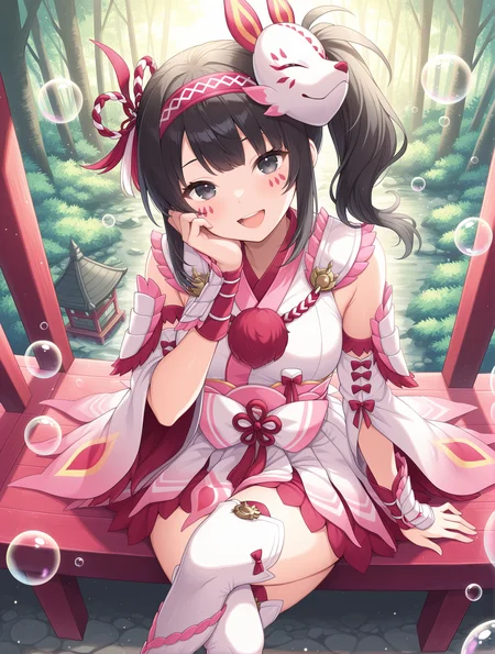 mizutsune gunner armor,1girl,solo,open mouth,smile,black eyes,:d,medium hair,black hair,long hair,looking at viewer,pink facial mark,pink hairband,white kimono dress,pink sash bow,white detached sleeves,white vambraces,white thigh boots,forest,bubble,sittinf,east asian architecture,hand on own cheek,side ponytail,from above,teeth,crossed legs,head tilt,
masterpiece,best quality,amazing quality,very aesthetic,absurdres,newest,<lora:Mizutsune Armor Beta illuXL v1:0.7>,