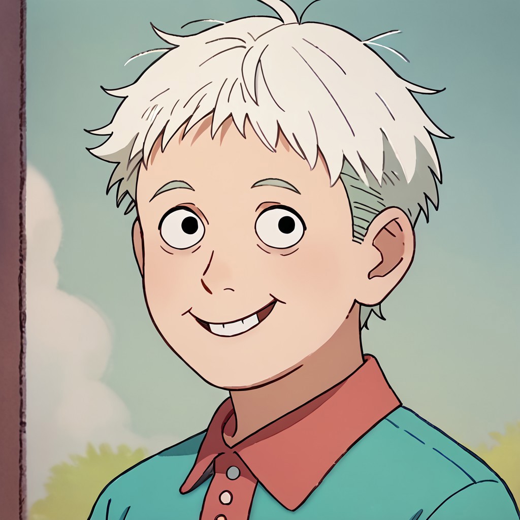 score_9, score_8_up, score_7_up BREAK BusterBax, 1boy, short white hair, black eyes, buckteeth, pink-collared cyan long-sleeved polo shirt, jeans, red white shoes, smiling at viewer, round head,