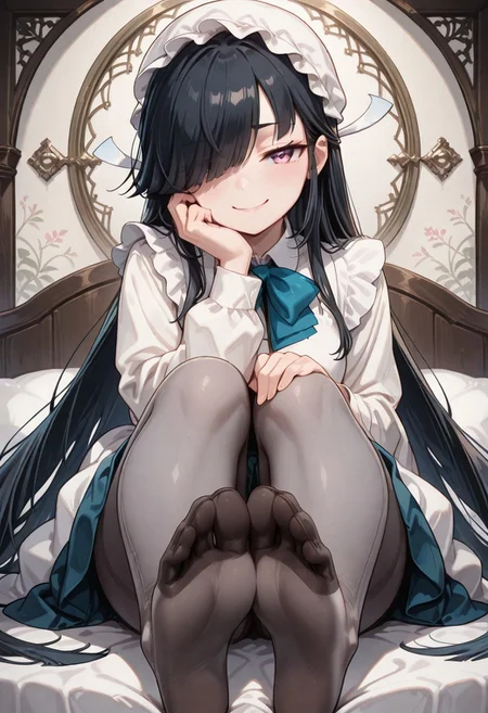 (masterpiece, best quality, amazing quality), very aesthetic, absurdres, intricate details, 8k, wallpaper, perfect eyes, newest,1girl, hayashimod ,black hair, very long hair, hair over one eye, maid clothes, full sleeves, Victorian style, maid mob cap, black pantyhose, smug, feet, soles, feet focus, from bellow, sitting on bed