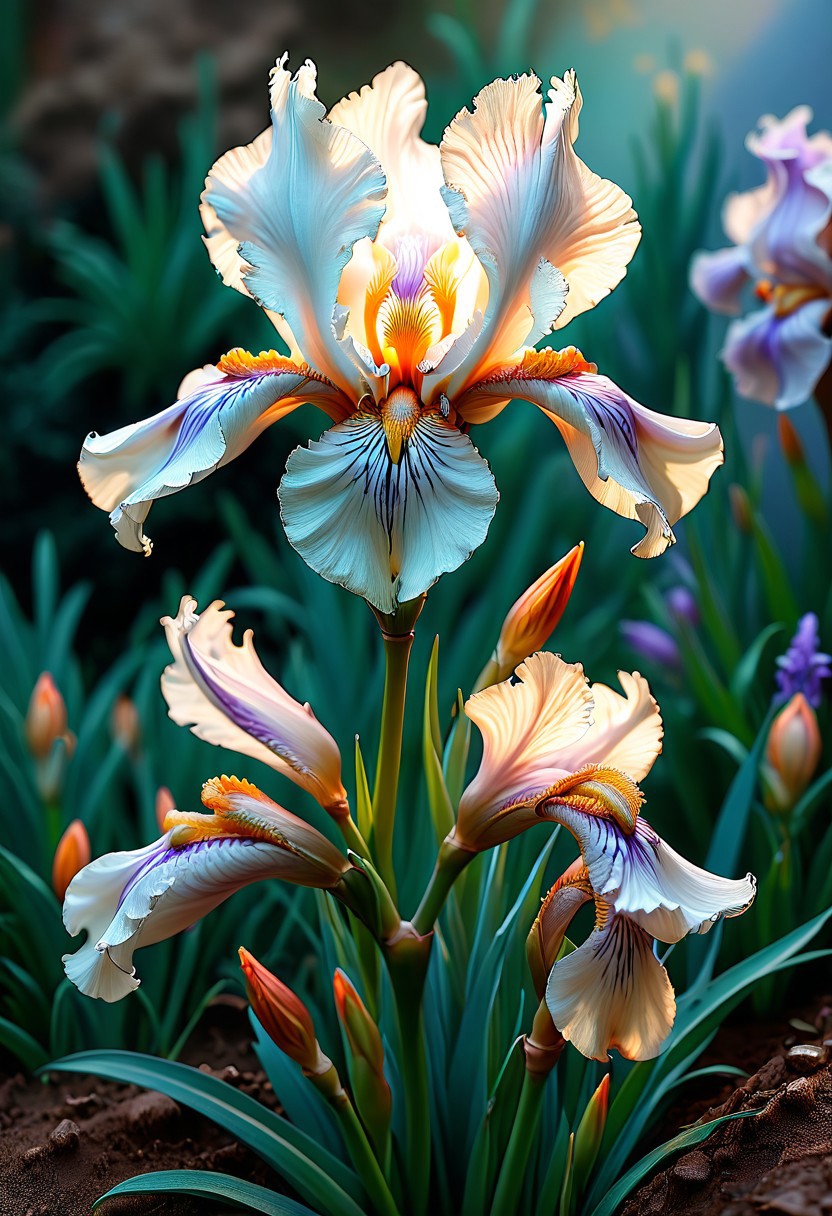 red white Iris flower at dawn, (bas-relief painting:0.8).  impasto style,
Background:photorealistic, Bright and vibrant colors, gorgeous image, ultra-detailed and hyper-realistic masterpiece, 4D, high definition, 3D details, 8k UHD resolution