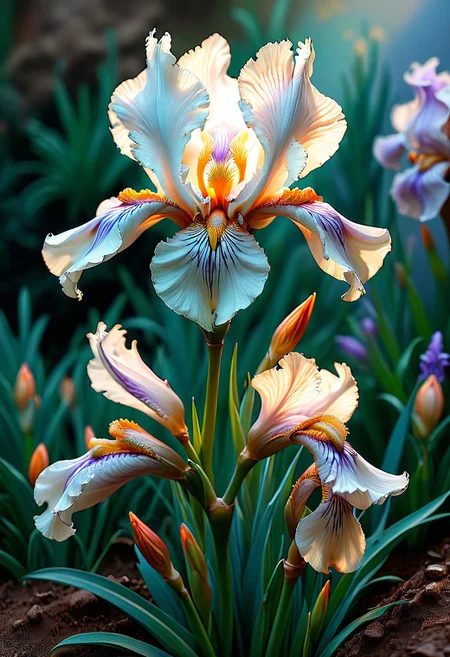 red white Iris flower at dawn, (bas-relief painting:0.8). impasto style,
Background:photorealistic, Bright and vibrant colors, gorgeous image, ultra-detailed and hyper-realistic masterpiece, 4D, high definition, 3D details, 8k UHD resolution