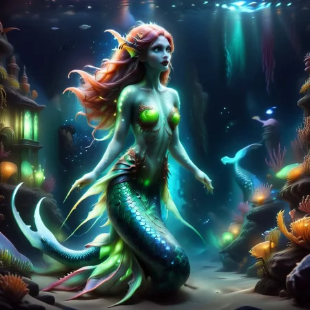 Draw a feminine  bioluminescent siren With copper hair, Brightly coloured long finger nails, fangs, bohemian horror, whale shark spots, translucent dress, muscular arms, fins,mermaid,glow,benthic merfolk