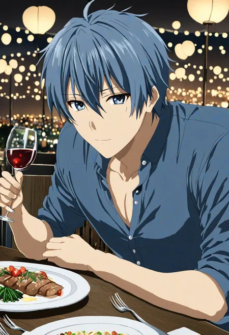 high resolution, solo, best quality, 1Boy, Tomoya Okazaki, Grey Blue Hair, dating, romantic, dinner, OverallDetail