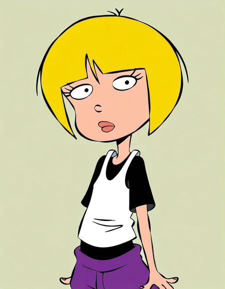 nazz,blonde hair, short hair, 1girl, shirt, solo,, pants, t-shirt purple pants, <lora:NazzIllustrious1.0JLFO:1> simple background,, looking at viewer,upper body,