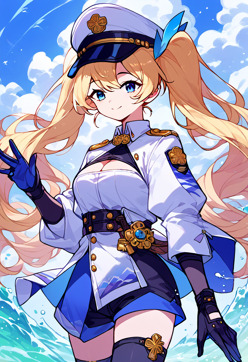 score_9,score_8_up,score_7_up,source_anime,zPDXL3,
*//*,<lora:Michele_Pony:1.0>,michele_wave,1girl,solo,blonde hair,twintails,long hair,bangs,blue eyes,thighhighs,gloves,black gloves,military hat,white headwear,black shorts,short shorts,black thighhighs,white jacket,cleavage cutout,long sleeves,cleavage,boots,black footwear,
*//*,looking at viewer,cowboy shot,dutch angle,dynamic pose,smile,