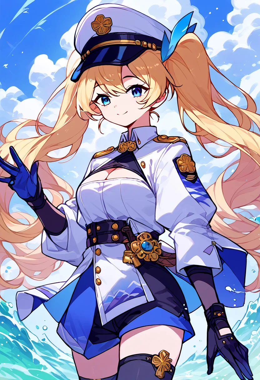 score_9,score_8_up,score_7_up,source_anime,zPDXL3,
*//*,<lora:Michele_Pony:1.0>,michele_wave,1girl,solo,blonde hair,twintails,long hair,bangs,blue eyes,thighhighs,gloves,black gloves,military hat,white headwear,black shorts,short shorts,black thighhighs,white jacket,cleavage cutout,long sleeves,cleavage,boots,black footwear,
*//*,looking at viewer,cowboy shot,dutch angle,dynamic pose,smile,